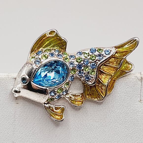 Vintage Monet Fish Brooch Blue Rhinestones Enamel Gold Fins Pin 1 1/2 Inch - Picture 5 of 9